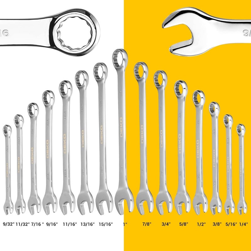 DEKOPRO Combination Wrench Set, SAE, 15-piece, 1/4'' to 1'', 12-Point, Chrome Vanadium Steel, with Plastic Tray - Image 2